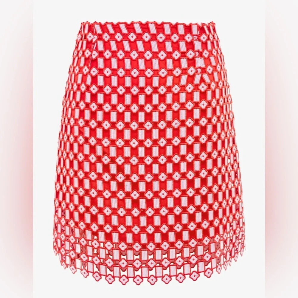 Sandro Paris Red Embroidered Lace Mini Skirt Size 0 EU 34 Luxury Statement - Picture 12 of 13